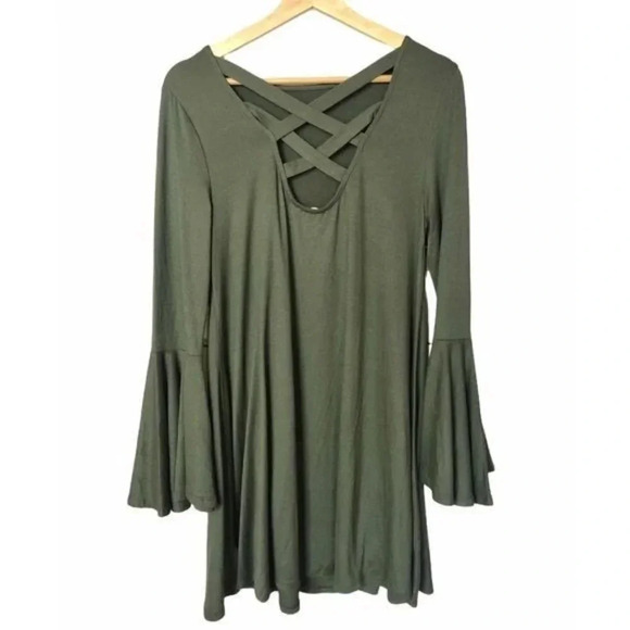 Altar'd State Karol Olive Green Bell Long Sleeve Mini Shift Dress S - Picture 2 of 6
